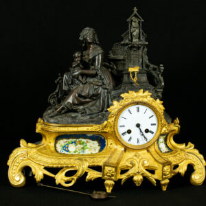 Antique French Mantle Clock – Lady Holding Child Beside Grotto – Elegant Bronze Statue, Circa 19th Century”