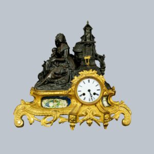Mantle Clock, Antique, French, Lady Holding Child Beside Grotto, Bronze, Gilt