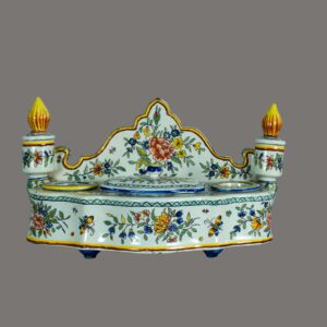 Inkwell, Double Porcelain, Antique French Faience, Late 19/20th Century