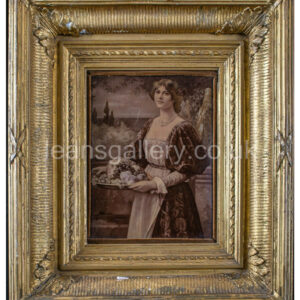 Antique Chrystoleagram Lady with fruit Tray Gilt Framed