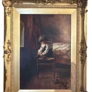 Antique Oil Painting by Florence W Whitfield Boy with his Shoe Gilt framed