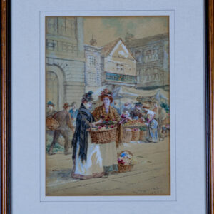 Watercolour Flower sellers in a street English village scene Antique