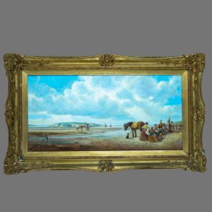 Oil Painting, on Canvas, Antique, Fishing Families on the Beach, signed