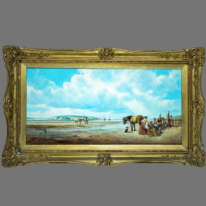 Oil Painting, on Canvas, Antique, Fishing Families on the Beach, signed