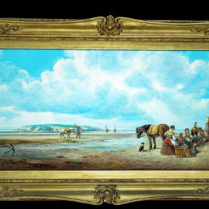 Oil Painting,  Canvas Antique, Fishing Families on the Beach at low tide, signed