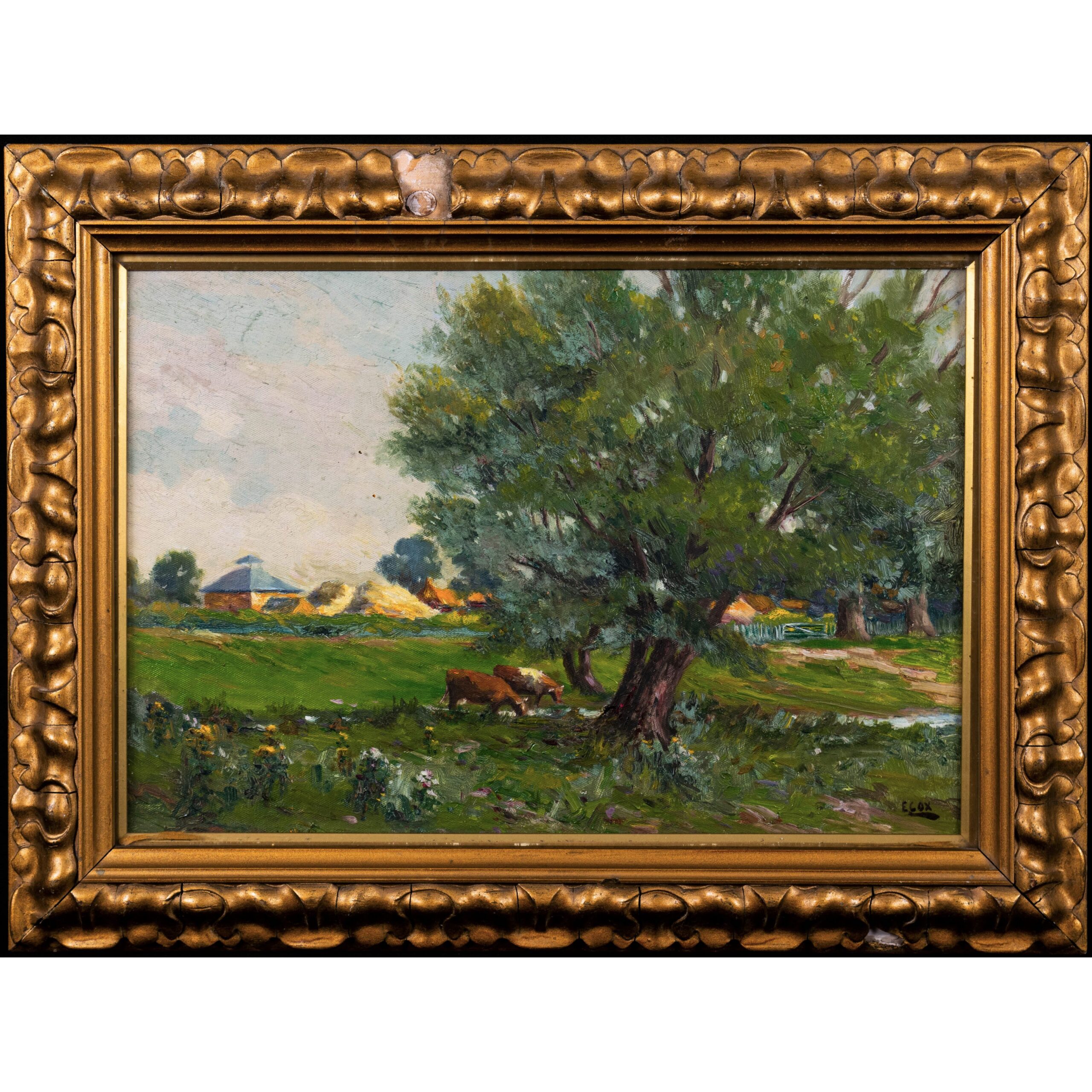 Antique Oil on Canvas Farm Landscape w Horses, Signed G. Melville (item  #1385886)