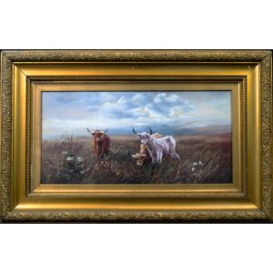 Oil painting, Antique, ‘Cattle Grazing’ JM Grandale, gilt framed