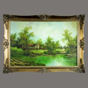 Contemporary Oil Painting – River Landscape with Cottage, Clara Davis Innes