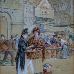 Vintage watercolour painting, English Village scene, Flower sellers
