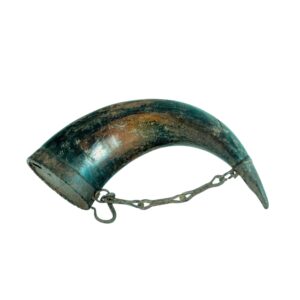 Horn Gun Powder Flask, 19th C, Indian Iron-Mounted Antique War Relic,