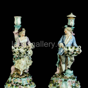 Antique, 19th Century Sitzendorf, Porcelain, Figural Candlesticks, Pair