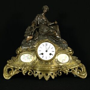 Stunning Antique French Figural Mantel Clock, Brass & Bronze Finish, Lady Garden Scene, c.19th Century