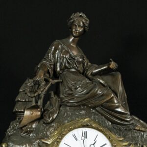 Stunning Antique French Figural Mantel Clock, Brass & Bronze Finish, Lady Garden Scene, c.19th Century