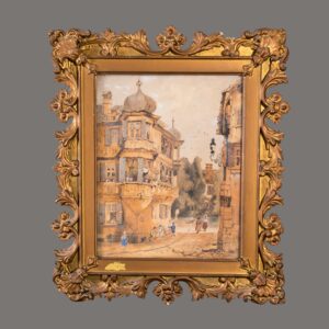 Antique Picture, German Street Scene, Gilt Frame